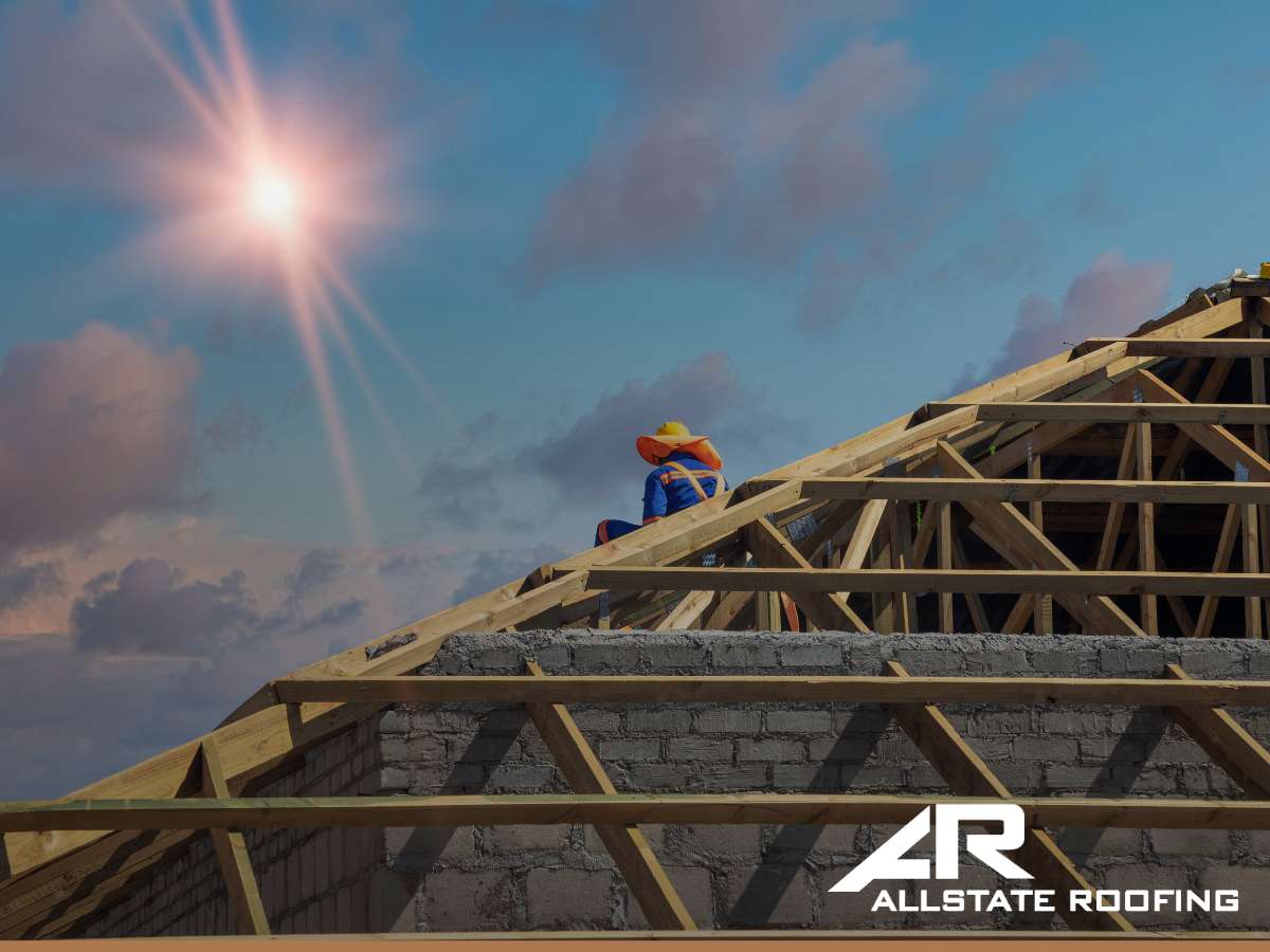 A construction worker installing wooden roof trusses on a building in Glendale, AZ