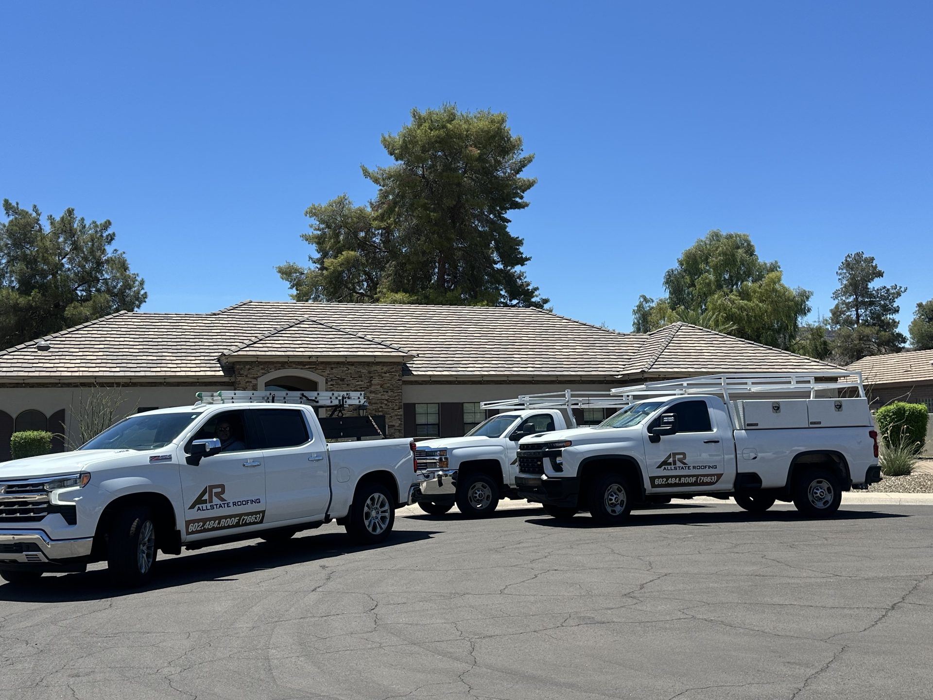 Allstate Roofing Truck Fleet Lineup Lineup of Allstate Roofing branded service trucks